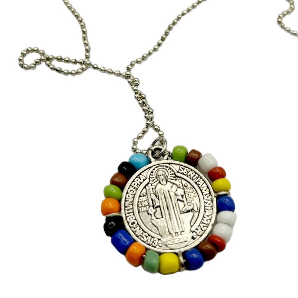 Multicolor Beaded St Benedict  Necklace